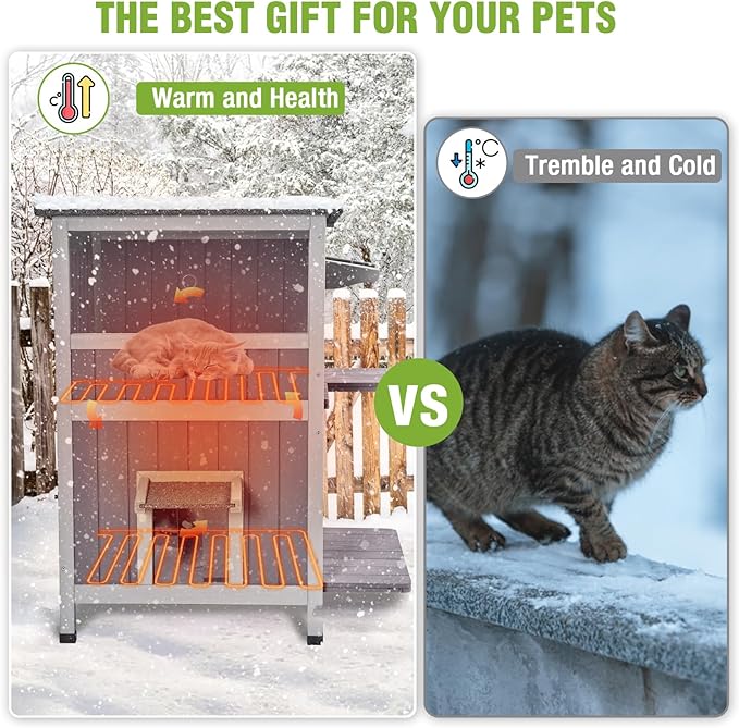 Heated Outdoor Cat House Insulated Weatherproof Kitten Shelter with Heating Pad and Insulated Liner, 2-Story Feral Cat House for Outside, Kitty Condo with 2 Escape Doors, Upgrade Anti-Bite Cable