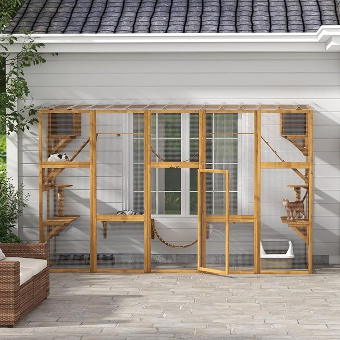 PawHut Catio Outdoor Cat Enclosure Window, Outdoor Cat House with Weather Protection Roof for Multiple Kitties, Wooden Frame, Shelves & Bridges, 118" x 37.5" x 74", Yellow