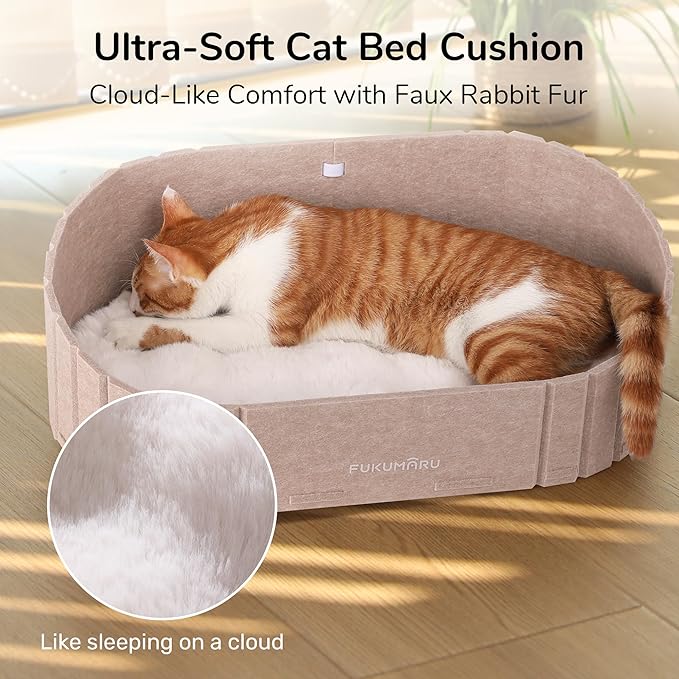 FUKUMARU Cat Beds for Indoor Cats, 24 Inch Large Cat Couch Bed with Cozy Faux Rabbit Fur Cushion, Felt Cats House Sofa in Oval Shape, Grey