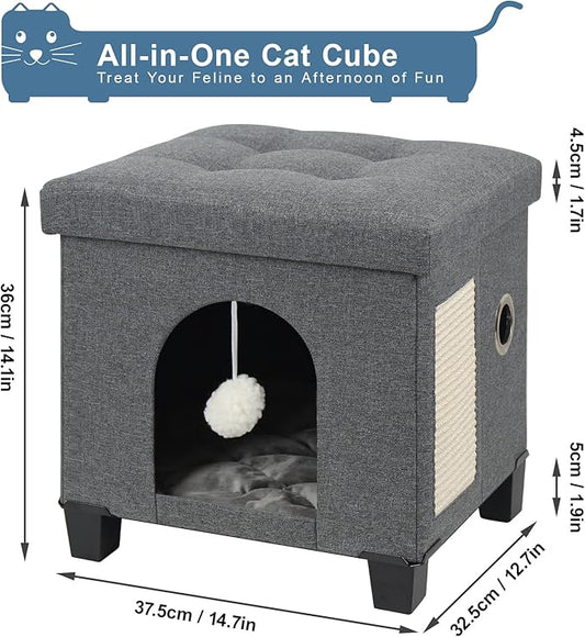 BRIAN & DANY Cat House for Indoor Cats, Cat Cave Bed for Pet, Cat Cube with Cat Scratch Board & Cat Ball, 14.7" x 14.1” x 12.7”, Gray