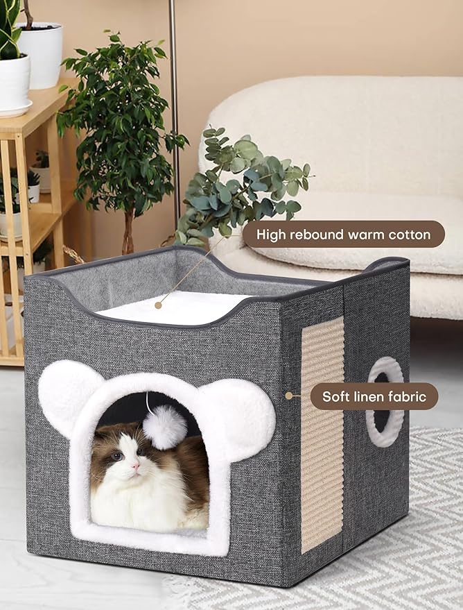 Cat Houses for Indoor Cats, Large Cat Cave with Fluffy Ball and Scratch Pad, Covered Cat Bed House, Foldable Cat Hideaway