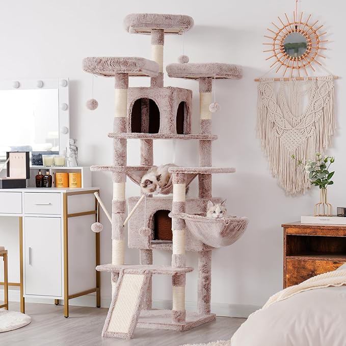 Hey-brother Cat Tree, 71 inches XL Large Cat Tower for Indoor Cats, Multi-Level Cat House with 3 Padded Perches, Big Scratcher, Cozy Basket, 2 Cat Condos and Scratching Posts, Muchroom MPJ034MU