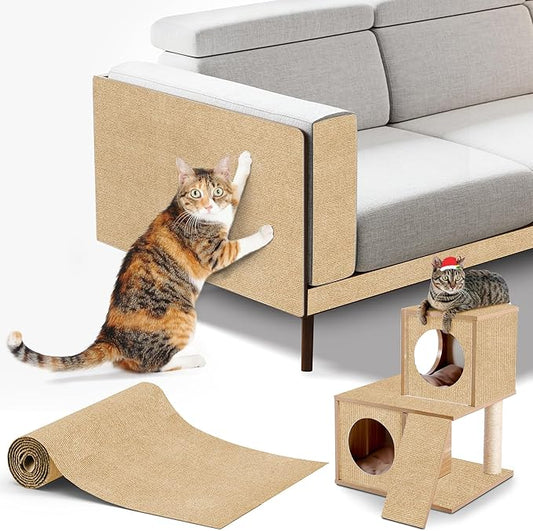 Cat Scratching mat Self-Adhesive, Trimmable Furniture Protector for Couch, Sofa, Wall & Cat Trees - Durable Scratch Pad with Nano Tape, DIY Climbing Carpet for Indoor Cats (Khaki, 23.6"x15.8")