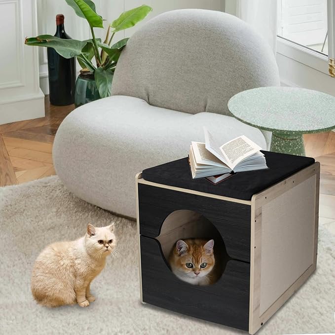 Modern Cat Bed Furniture with Scratching Post - Pull-Out Enclosure & Soft Cushion, Space-Saving Side Table for Indoor Cats, Black/Natural Wood (23.5" x 19.7" x 21.7")