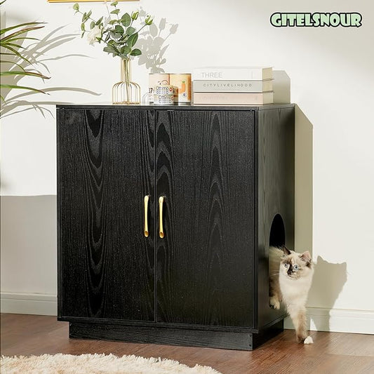 Litter Box Enclosure, 30.9'' High Large Litter Box Furniture, Modern Cat Litter Box Enclosure with Hidden Storage, Side Table, End Table, Black GCLB003BK