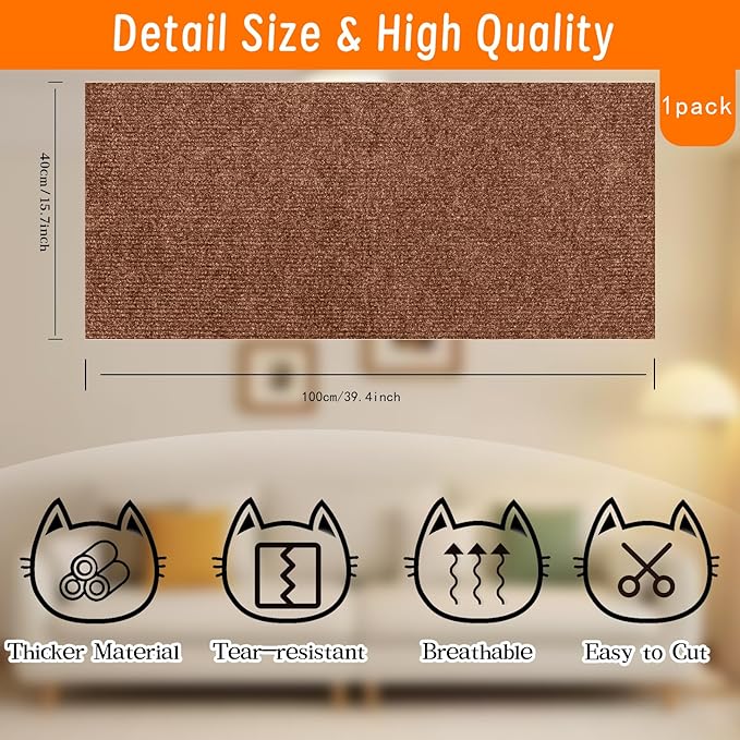 Cat Scratching Mat, Self-Adhesive Cat Scratching Carpet, Trimmable at Scratch Furniture Protector for Cat Tree Shelves, Cat Scratching Post Couch Protector (1PC, Brown)