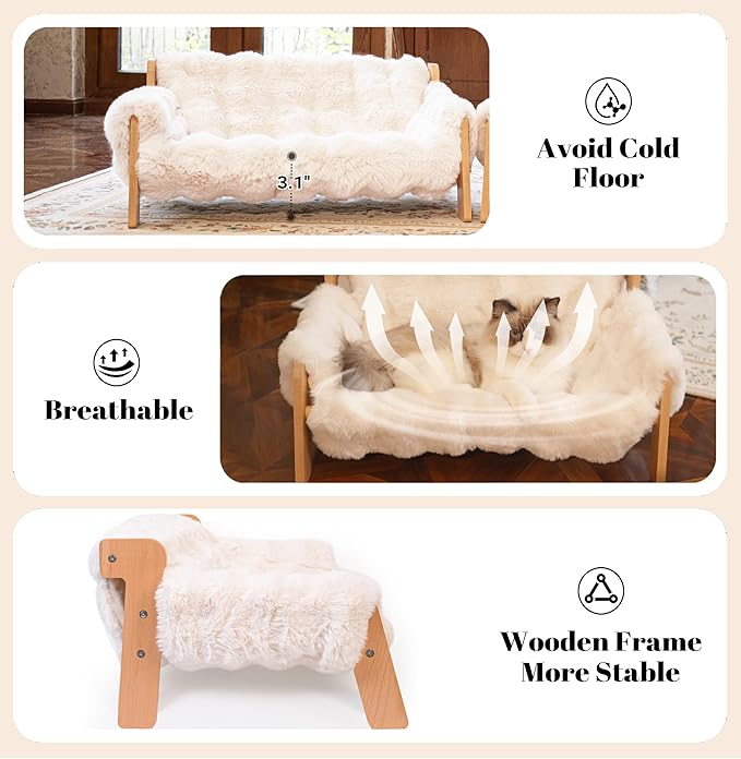 Elevated Cat Couch Bed for Indoor Cats, Wooden Cat Sofa with Removable Washable Fluffy Cover Raised Kitty Lounge Chair Suitable for Puppy(Cat Sofa Off-White)