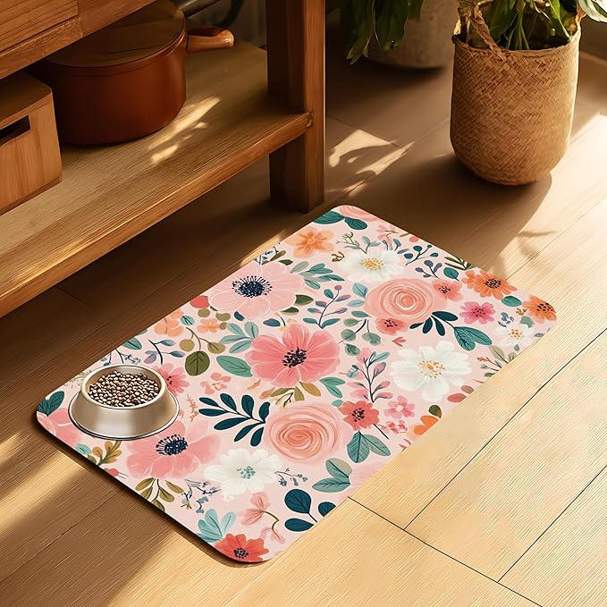 Boho Floral Pet Feeding Mat for Floors-Absorbent Dog Bowl Mat for Food and Water, Quick Dry Pet Cat Feeding Mats with Non Slip Bottom, Mess-Free Dog Accessories 12"x20"
