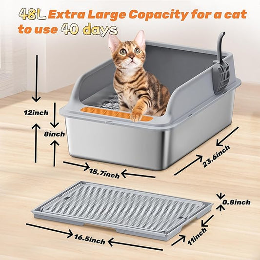 Stainless Steel Cat Litter Box for Multi-Cat Homes - High-Sided Anti-Leak Design,Large Cat Toilet， Non-Stick Surface, Odorless & Easy Clean, Durable with Litter Mat & Scoop