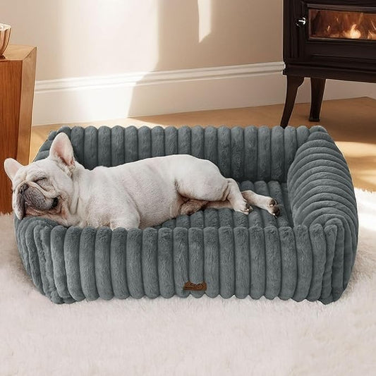 Bedsure Washable Dog Bed for Medium Dogs - Cute Furry Puppy Beds, Rectangle Orthopedic Corduroy Fleece Pet Beds with Removable Zipper Cover, 30x24x8inches, Warm Grey
