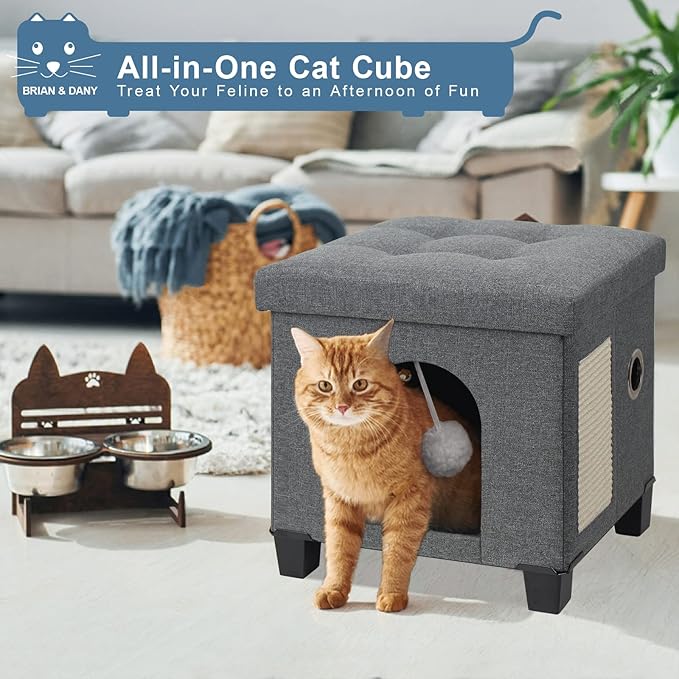 BRIAN & DANY Cat House for Indoor Cats, Cat Cave Bed for Pet, Cat Cube with Cat Scratch Board & Cat Ball, 14.7" x 14.1” x 12.7”, Gray