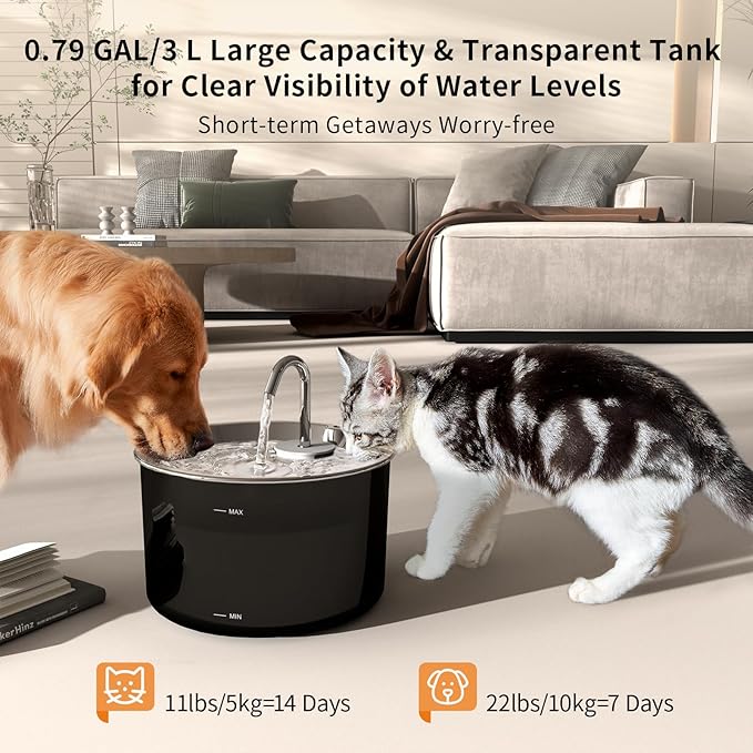 Cat Water Fountain Stainless Steel,3 L/ 101 oz Pet Water Fountain with 5-Stage Circulating Filtration System,Cat Fountain with Quiet Pump for Cats, Dogs (4 Filters + 4 Sponges)