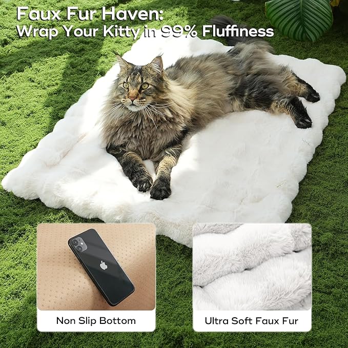 Plush Dog Bed Mat Faux Fur Cat Beds for Indoor Cats with Anti-Slip Bottom Kitten Self Warming Bed for Couch/Floor/Dog & Puppy Friendly 35 x 27 Inch Large White