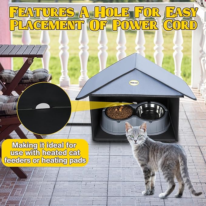 Dreyoo Cat Houses & Condos Outdoor Cat Feeding Station for Food & Water, Weatherproof Outdoor Kitty Dining Room Cats Shelter for Stray, Feral and Community Cats, 13”d x 17”w x 15.5'h(Dusty Blue)