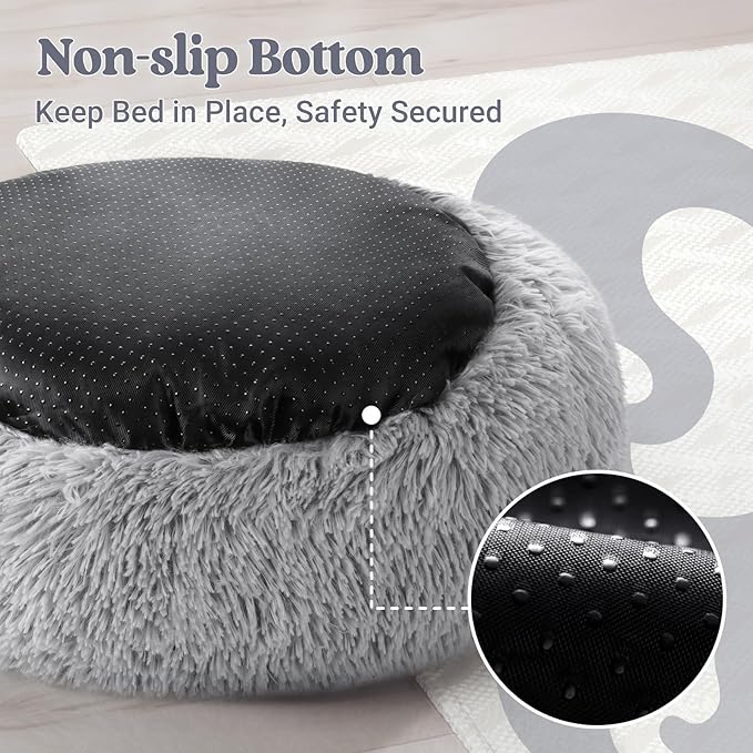 rabbitgoo Calming Dog Bed for Small Medium, 27 inches Pet Bed Machine Washable, Non-Slip Round Fluffy Plush Faux Fur, Soft Donut Cuddler Cushion for Small Dogs, Light Grey