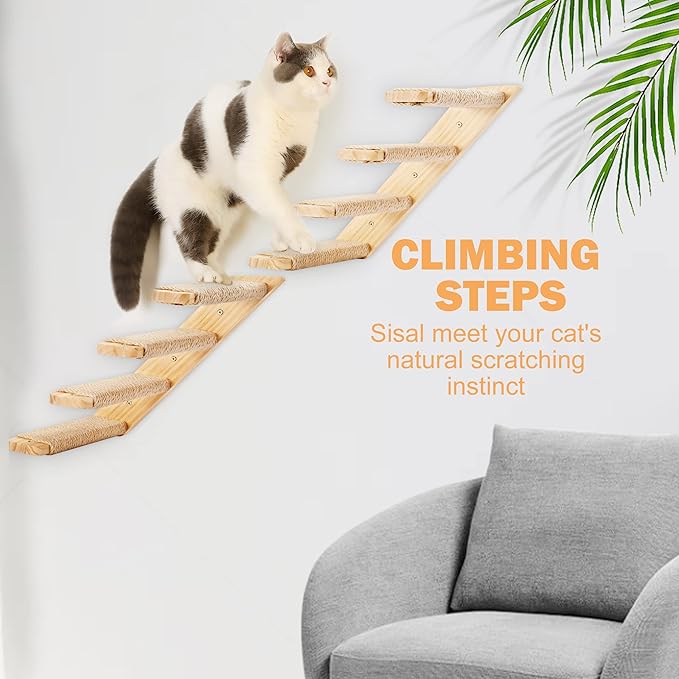 Cat Wall Climbing Shelf, 2 pcs Cat Wall Climber, 4 Step Climbing Stairs, Wall-Mounted Ladder with Sisal Scratching Rope, Perfect Wall Furniture for Perching (CatStairs2P4Steps)