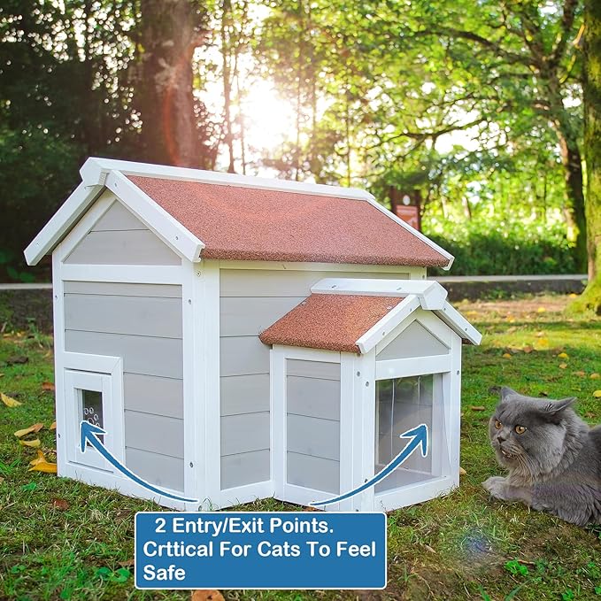 Feral Cat House for Outdoor Cat Enclosure Winter Double Rooms Weatherproof with Openable Roof