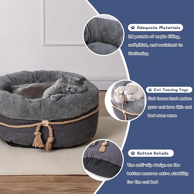 pesen Cat Bed & Small Dog Bed with Supportive Walls, Thick Bottom, Calming Donut Shape, Soft Durable Fabric, 20x20x10 Cat Beds for Indoor Cats