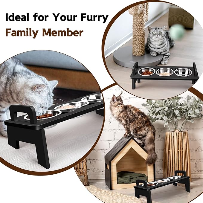 Elevated Cat Food Bowl, 3 Stainless Steel Raised Cat Bowls with Stand, 15°Tilted Cats Bowl for Indoor Cats, Pet Food and Water Bowl Set, Anti Vomitting, Whisker Fatigue and Dishwasher Safe - Black