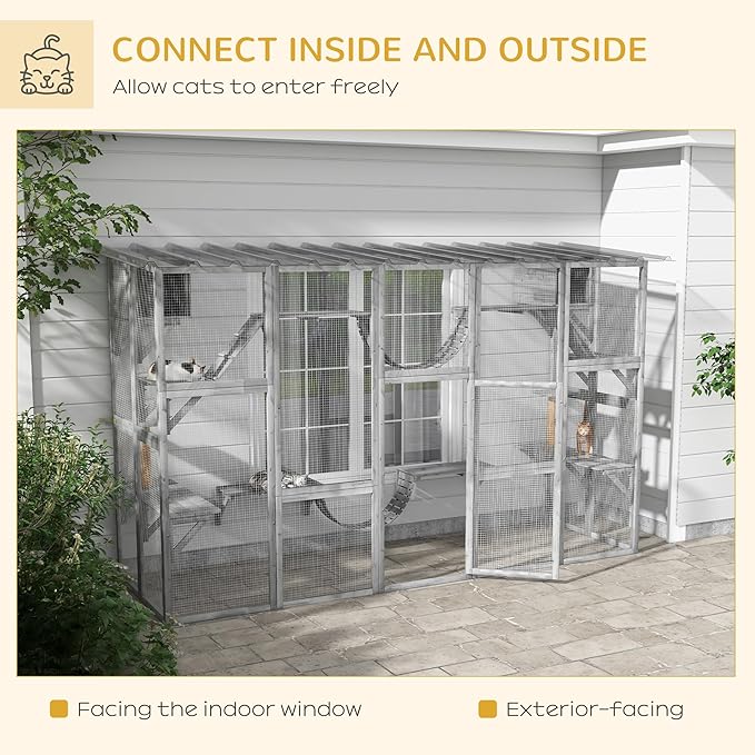 PawHut Catio Outdoor Cat Enclosure Window, Outdoor Cat House with Weather Protection Roof for Multiple Kitties, Wooden Frame, Shelves & Bridges, 118" x 37.5" x 74", Gray