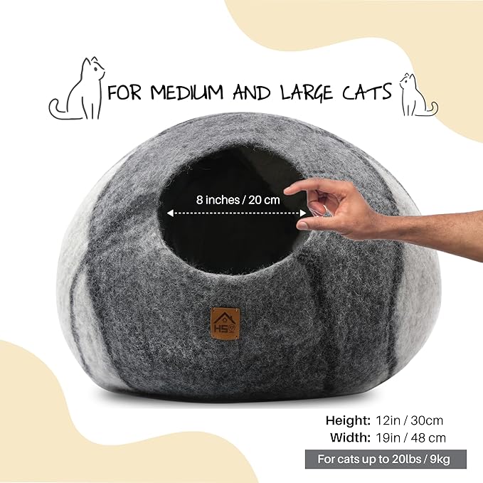 Large Wool Cat Cave Premium Felt Bed for Cats & Kittens Pet House Natural 100% Merino Wool Handmade Indoor Hideaway Eco-Friendly Cove 19 Inch Diameter Round Handcrafted Dome (Large Gray White)