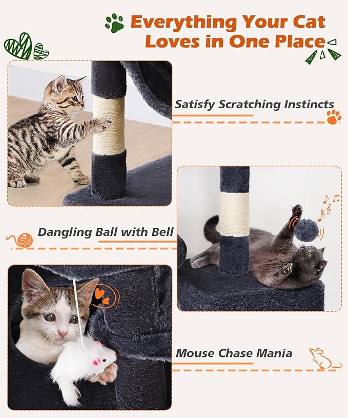 AMHANCIBLE Cat Tree, 70 Inch Tall for Indoor Adult Cats, Large Multi-Level Tower with Scratching Post, Hammock, Condos, Hanging Basket, Activity Center to Play and Sleep, Dark Grey, PT18DG