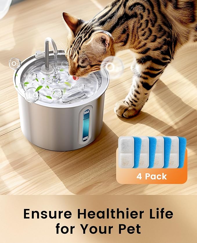 oneisall Cat Water Fountain Filters Replacement, 4 Pack for 67oz/2L Stainless Steel Fountain, Easy to Install and Clean