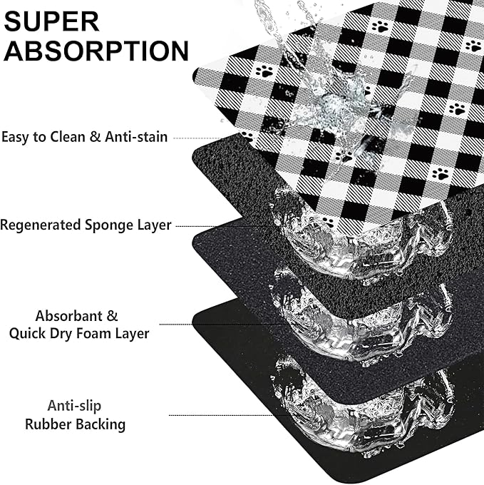 Cat Checked Plaid Dog Food Mat-Absorbent Pet Feeding Mat for Food and Water Bowl, Quick Dry Dog Placemat with Rubber Backing-No Stains Pet Supplies for Messy Drinkers 12"x20"