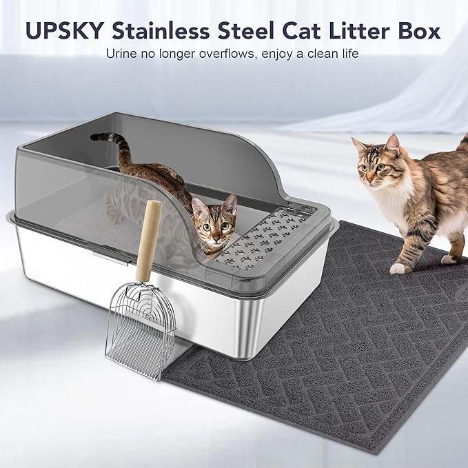 UPSKY Stainless Steel Cat Litter Box with Lid, XL Large Metal Litter Box for Large Breeds, Enclosed Kitty Litter Pan with High Sides, Leak-Proof & Non-Stick, Easy to Clean, Scoop and Mat Included