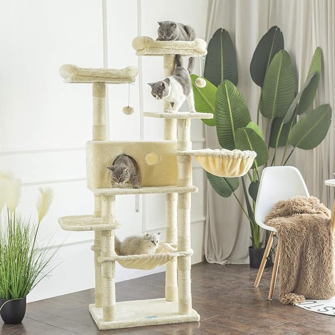 Hey-brother Cat Tree for Large Cats, Cat Tower with Scratching Posts, 2 Padded Plush Perches, Big Condo and Cozy Basket, Beige MPJ025M