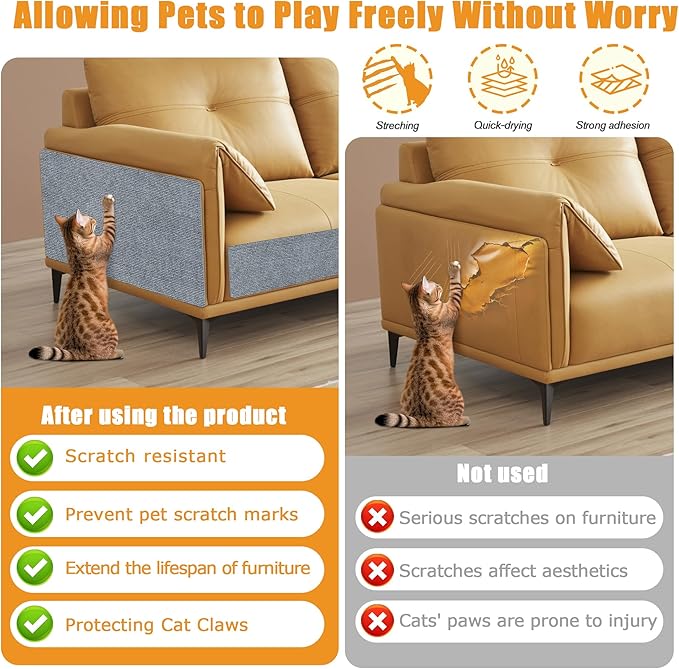Cat Scratching mat Self-Adhesive, Trimmable Furniture Protector for Couch, Sofa, Wall & Cat Trees - Durable Scratch Pad with Nano Tape, DIY Climbing Carpet for Indoor Cats (Light Grey, 23.6"x15.8")