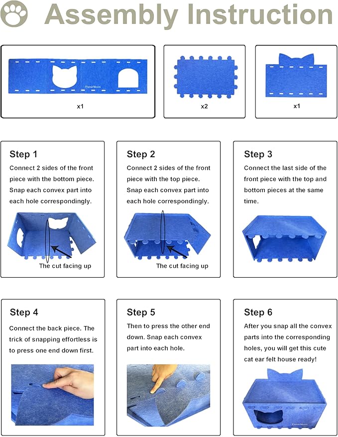 Cat House Cat Ear Design, Large Spacious Cozy Indoor Cat Bed Cave, Scratch Resistant Strong Thick Premium Felt Condo, Fun Hideaway for Multiple Cats, 21.5x13x11.6 inches (Blue)