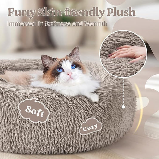 rabbitgoo Cat Beds for Indoor, 20 inches Machine Washable, Fluffy Round Pet Bed Non-Slip, Calming Soft Plush Donut Cuddler Cushion Self Warming for Small Dogs Kittens, Khaki, Medium