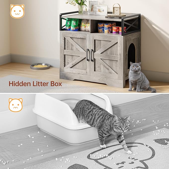 Cat Litter Box Enclosure Furniture - Hidden Litter Box Cabinet with Scratch Pad & Odor Control | Farmhouse Style End Table for Cats | Discreet Cat Washroom for Living Room & Bedroom Grey