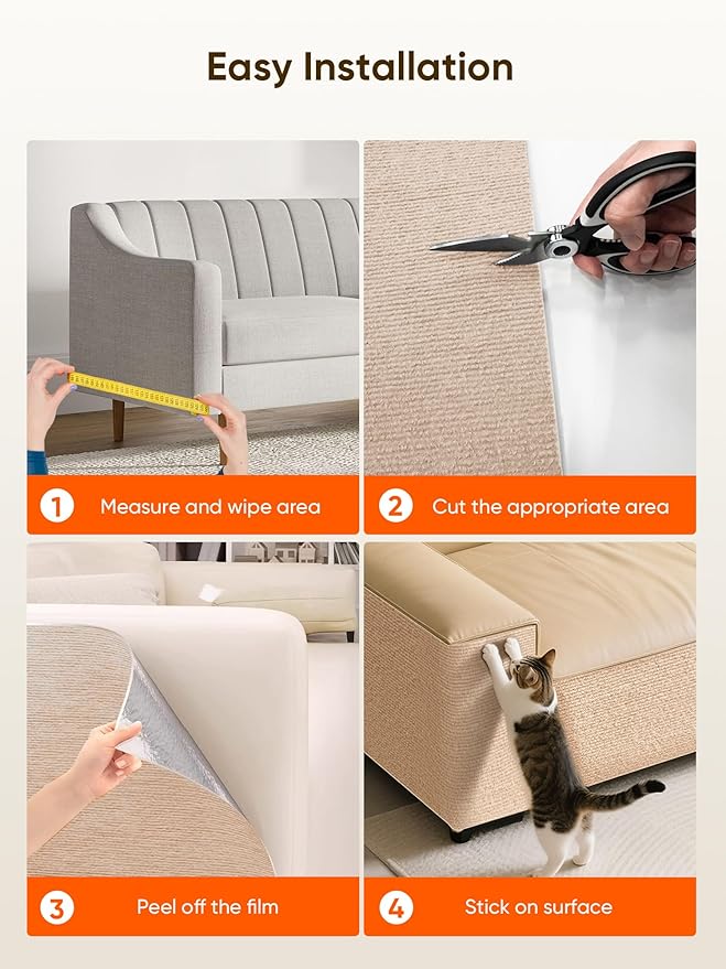 Cat Scratch Mat Furniture Protector, Eco-Friendly DIY Trimmable Self-Adhesive Cat Scratching Pad, Couch Wall Sofa Guard, Reusable Claw Scratching Protector 39.4"x15.8" (Beige)