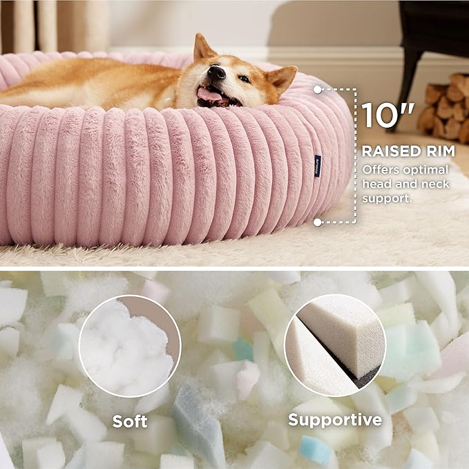 Bedsure Donut Large Dog Bed - Washable Faux Fur with Corduroy Fleece & Anti Slip Bottom, Round Pet Bed with Removable Cover, Blush Pink, 36x36x10 inches