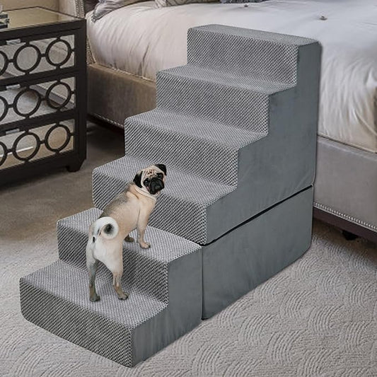 Dog Stair Steps for High Beds 30 inches Tall, 33D Foam Dog Ramp for Bed 30-32 inches, 6-Step Pet Stair Steps for Small Large Dogs for Bed Climbing, Non-Slip Dog Steps for Older Dogs/Cats, Grey