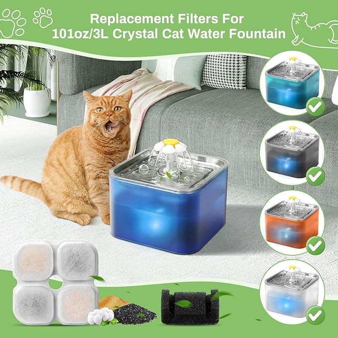 6 Set Cat Water Fountain Filter Replacement for 101oz/3L Crystal Cat Fountain, GISOFIK Pet Fountain Filters Replacement, Triple Filtration Replacement Filters (6 Filters, 6 Sponges)