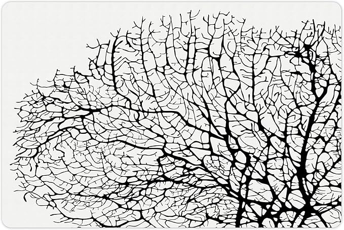 Lunarable Nature Pet Mat for Food and Water, Silhouette of Twisted Coral Reef Branches in Minimalist Tones Underwater Design, Non-Slip Rubber Mat for Dogs and Cats, 18" X 12", Black Print