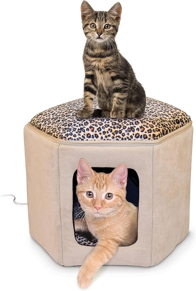 K&H Pet Products Thermo-Kitty Sleephouse Heated Pet Bed Tan/Leopard 12" x 17" 4W