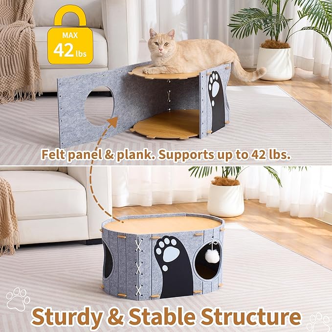 Cat House for Indoor Cats, 23" x 15" x 12" Large Felt Covered Cat Cave for Multiple Cats,Clawsable Enclosed Cat Hideout Houses & Condos with Fluffy Ball,Cozy Scratch Resistant House for kitty