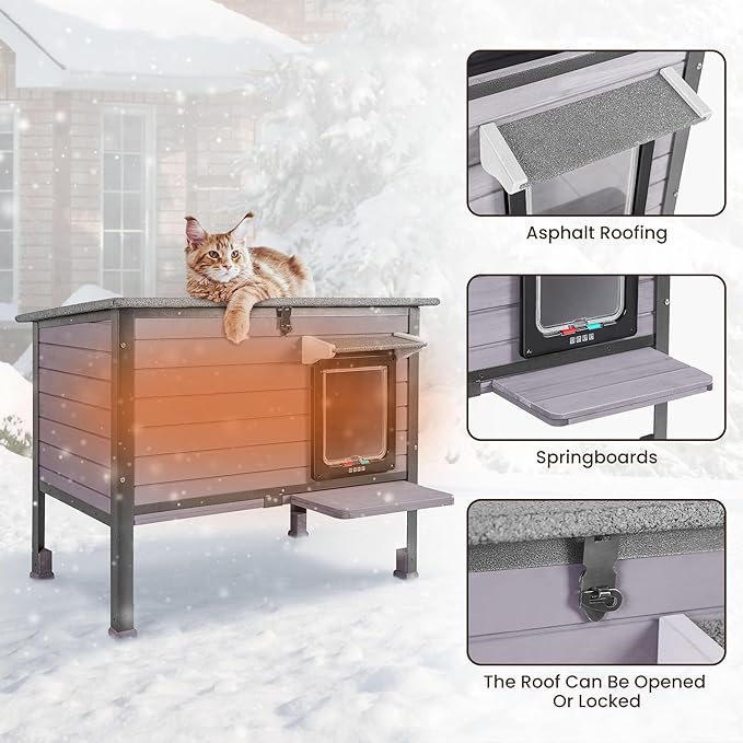Insulated cat House Outdoor Weatherproof for Winter, Feral Cat Shelter with Insulated Liner, All Round Metal Frame Wooden Condos, Indoor and Outdoor Use for Cat, Rabbit and Small Animal