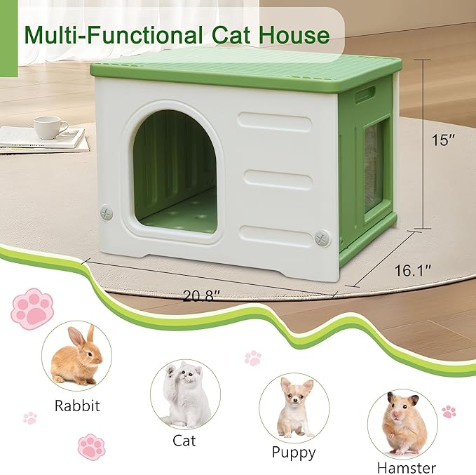 Plastic Cat House for Outdoor Indoor, Waterproof Outdoor Cat House with Escape Door for Feral Cats Outside Cat Shelter for Small Pet, Spacious, Assemble Easily -Green