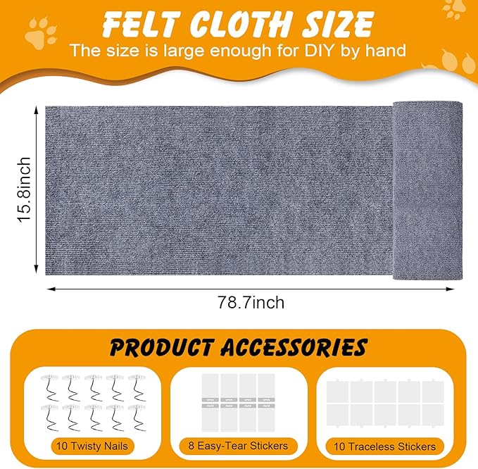78.7x15.8 in Cat Scratch Furniture Protector, Self-Adhesive Couch Protectors from Cat Caws for Couch, Wall Trimmable (Light Gray)