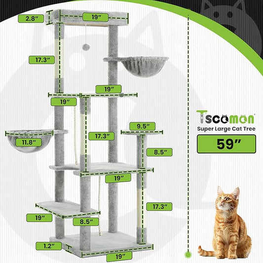 59 Inch Cat Tree Tower, Multi-Level Large Cat Tree for Indoor with Super Large Bed, Hammocks, Scratching Posts, Dangling Ball, Cat Furniture, Activity Center