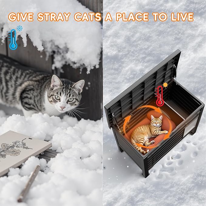 DRATO Outdoor Cat House,Weatherproof Feral Cat Shelter with Raised Floor,Warm,PP Material,Outdoor Feral Cat House for Cats and Small Animals,with Door,Easy to Assemble (Black, Large)