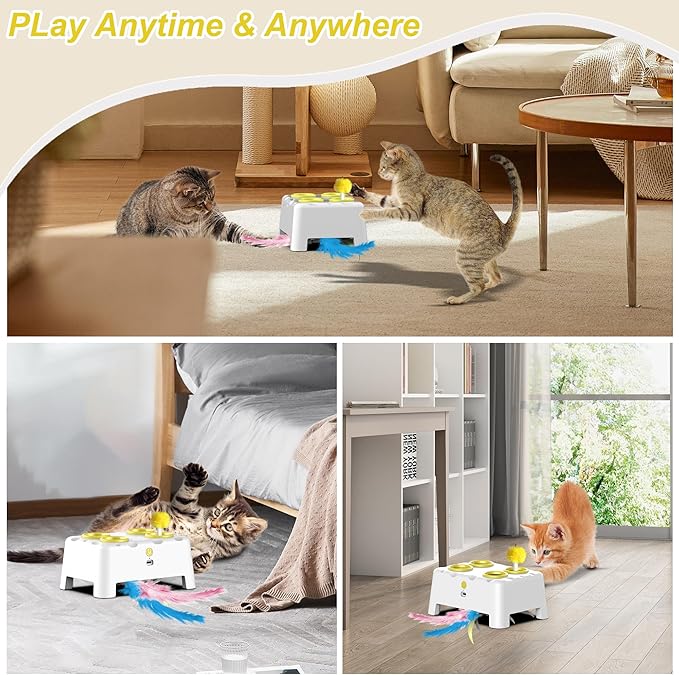 Cat Toys, Interactive Cat Toys, 2-in-1 Moving Concealed Feathers, 4 Holes Mice Whack A Mole Cat Kitten Toy Exercise Toys for Indoor Bored Adult Cats, USB Rechargeable Electronic Kitten Toys (White)