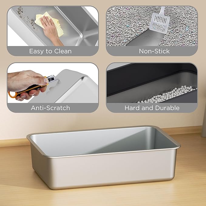 Citylife Stainless Steel Cat Litter Box with Lid, Front & Top Entry Extra Large Metal Kitty Litter Box Enclosure with Scoop & Double Layer Mat, Anti-Leakage, Non-Sticky, Dark Grey