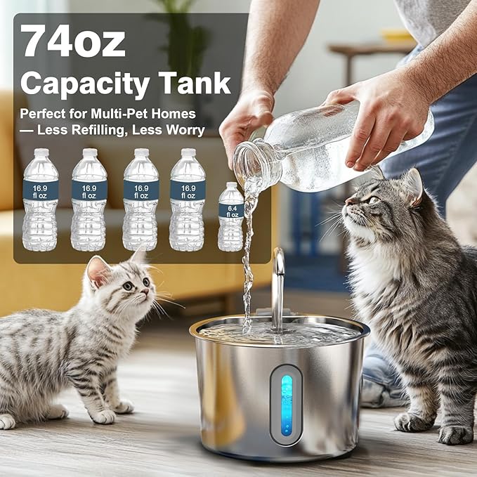 Cat Water Fountain, 74oz/2.2L Cat Fountain for Drinking - Pet Water Fountain Stainless Steel for Cats Inside - Quiet Water Bowl Dispenser - Kitty Drinking Fountains - 4 Filters + 4 Sponges