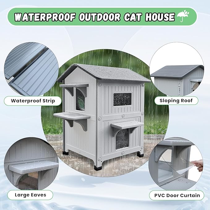 Plastic Outdoor Indoor Cat House with Insulated Liner, 100% Insulated Outdoor Cat Houses for Winter, Waterproof Feral Cat Shelter, Assemble Easily-White
